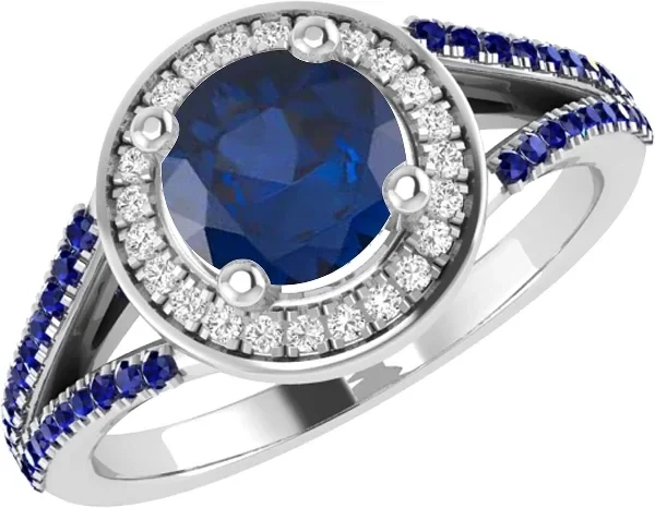 Dazzlingrock Collection 5.8mm Round Center Stone with Side White Diamond Halo & Sided Blue Sapphire Shank Engagement Ring for Women in 10K Solid White Gold