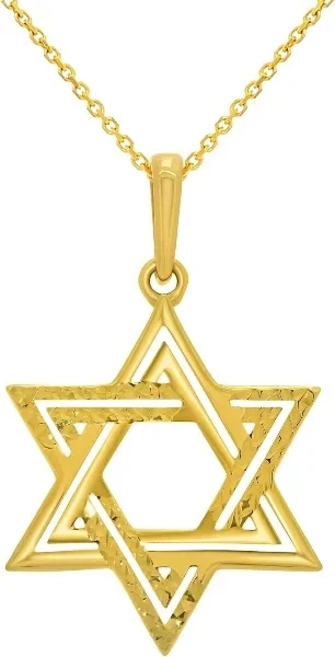14k Yellow Gold Polished and Textured Star of David Pendant Necklace
