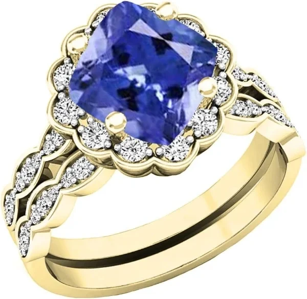 Dazzlingrock Collection 10K 7 MM Cushion Gemstone & Round Diamond Ladies Halo Style Engagement Ring Set, Yellow Gold