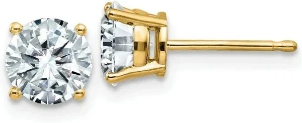Moissanite Stud Earrings in 14K Yellow and White Gold Basket Style 4-prong - Round Brilliant Cut - Select Sizes: 1/2 to 4 Carats