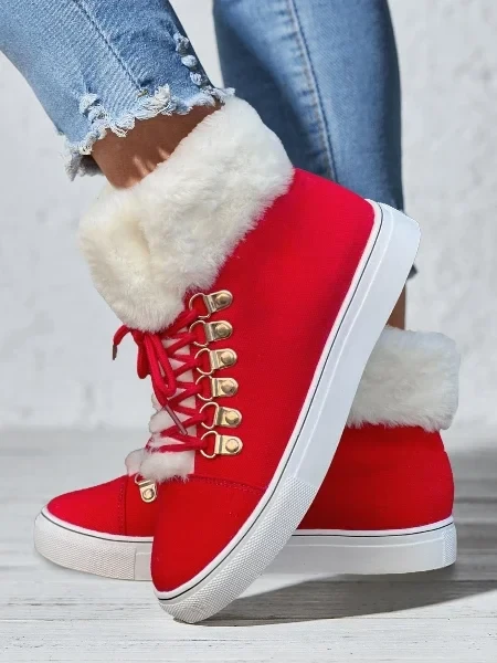 Christmas Furry Canvas Lace-up Ankle Boots - 20% Off Today!