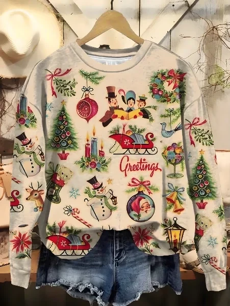 Women's Christmas Retro Old Fashion Vintage Scenes Print Casual Sweatshirt - Save 20% Today!
