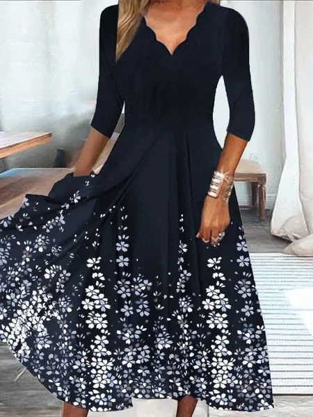 Floral Casual V Neck A-Line Three Quarter Dress - Now 20% Off!