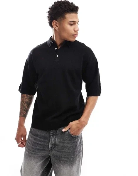 Jack & Jones oversized knit polo shirt in black - 30% Off Today!