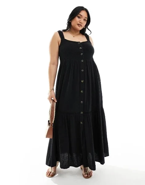ASOS DESIGN Curve double cloth shirred button up tie back maxi dress in black - Save $3710 Now!