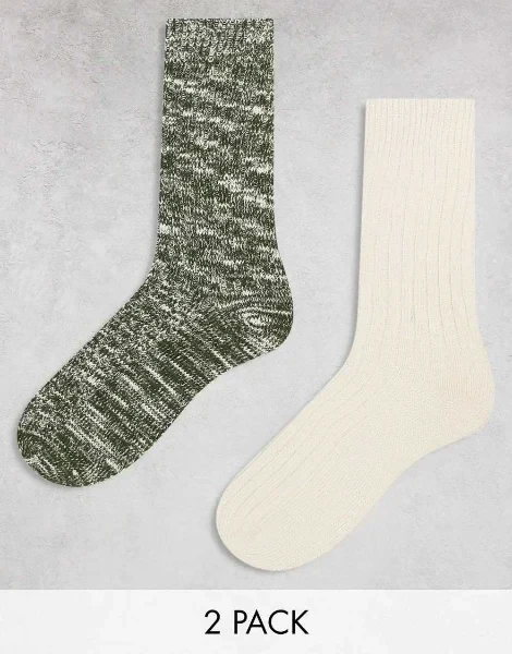 ASOS DESIGN 2 pack twist sock in ecru and green - 30% Discount Now!
