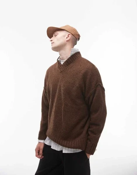Topman oversized v neck sweater in brown with exposed seams - Save 30% Today!