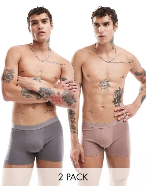 ASOS DESIGN 2 pack jersey trunks in brown and charcoal - Save 48% Today!