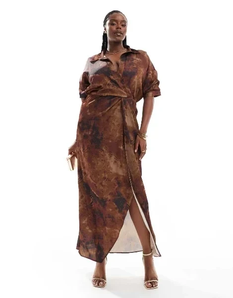 ASOS DESIGN Curve washed collar twist waist maxi dress in abstract print - Save $5400 Now!