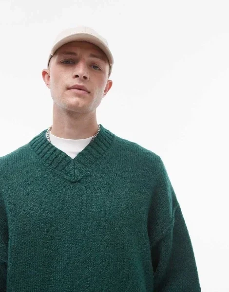 Topman oversized v neck sweater in green with exposed seams - 50% Discount Now!