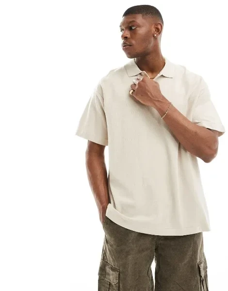 Jack & Jones Premium oversized polo in beige - 55% Discount Now!