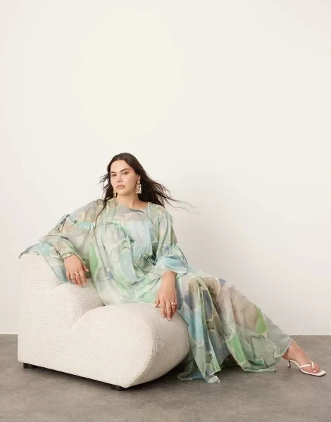 ASOS EDITION Curve long sleeve chiffon maxi dress with gathered detail in blue watercolour - 35% Off Today!