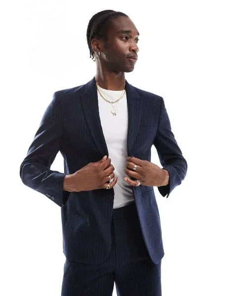 ASOS DESIGN regular pinstripe suit jacket in navy - 25% Off Today!