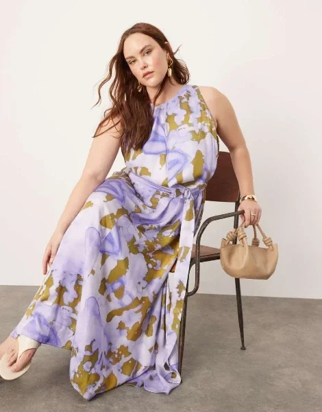 ASOS EDITION Curve racer neck maxi dress with d ring in lilac abstract print - Save $7950 Today!