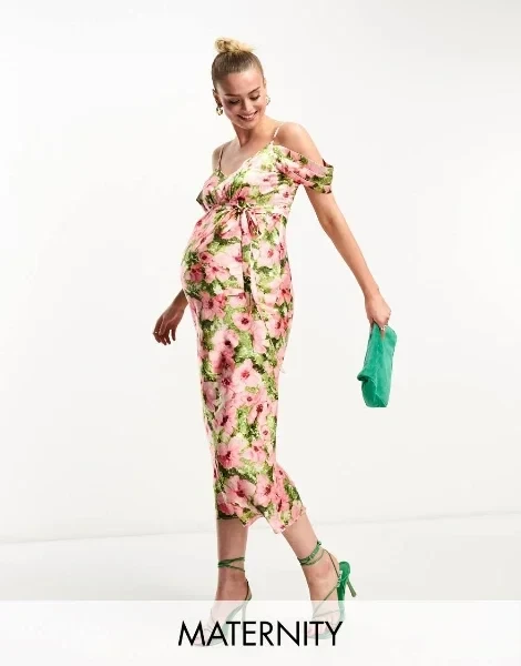 Hope & Ivy Maternity cold shoulder satin midaxi dress in pink floral - Now 80% Off!