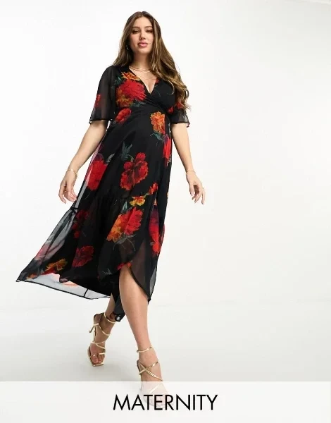 Hope & Ivy Maternity ruffle wrap maxi dress in red floral - 80% Discount Now!