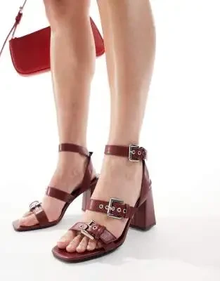 RAID Neesha block heeled sandals with buckles in burgundy - 25% Price Drop!