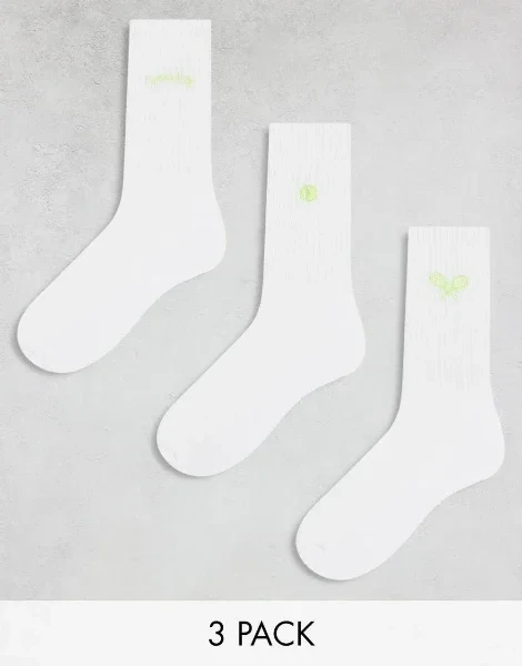 ASOS DESIGN 3 pack sock with tennis embroidery in white - 74% Off Limited Time!