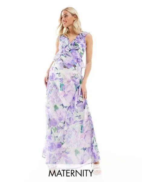Hope & Ivy Maternity ruffle front maxi dress in lilac floral - 55% Off Limited Time!