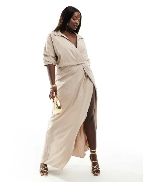 ASOS DESIGN Curve washed collar twist waist maxi dress in taupe - Now 60% Off!