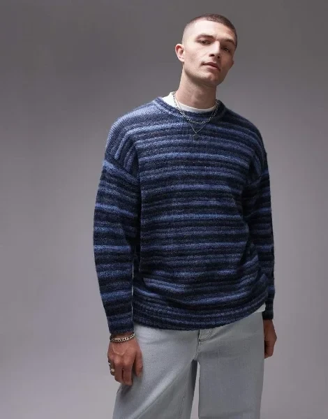 Topman relaxed fit fluffy striped sweater in blue - Save $2249 Now!
