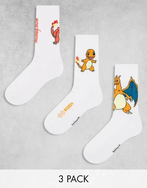 ASOS DESIGN 3 pack Pokémon socks with Charmander character in white - Now 25% Off!