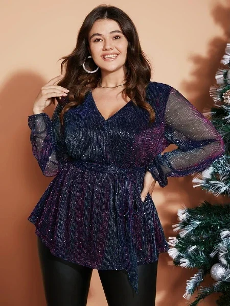 Sequin Mesh Lantern Sleeve Wrap Belted Striped Blouse - Now 30% Off!