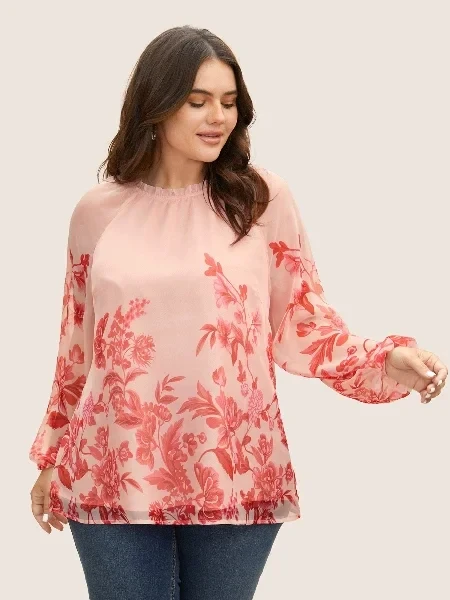 Floral Mock Neck Mesh Lantern Sleeve Blouse - Save $2023 Today!