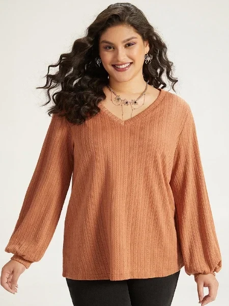 Halloween Plain Elastic Cuffs V Neck Texture Lantern Sleeve Sweatshirt - Now 60% Off!