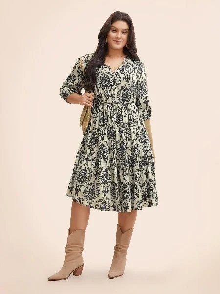 Boho Print Tie Knot Puff Sleeve Dress - 30% Off Limited Time!