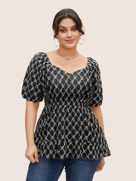 Embroidered Heart Neckline Lantern Sleeve Blouse - 30% Discount Now!