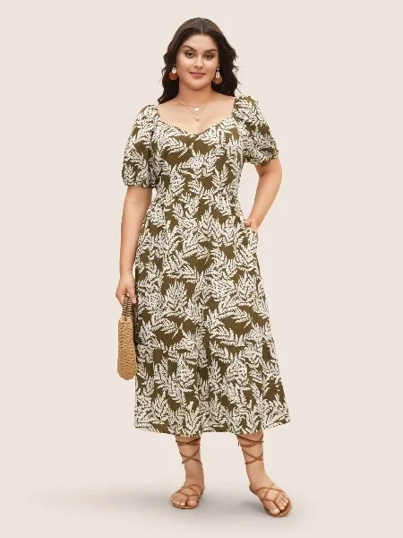Tropical Print Lantern Sleeve Midi Dress - Save 30% Today!