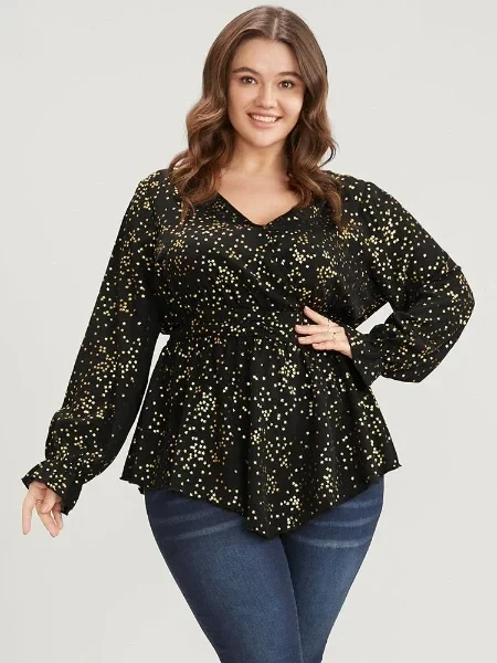 Star Print Lantern Sleeve Asymmetrical Ruffles Hem Wrap Blouse - Now 60% Off!