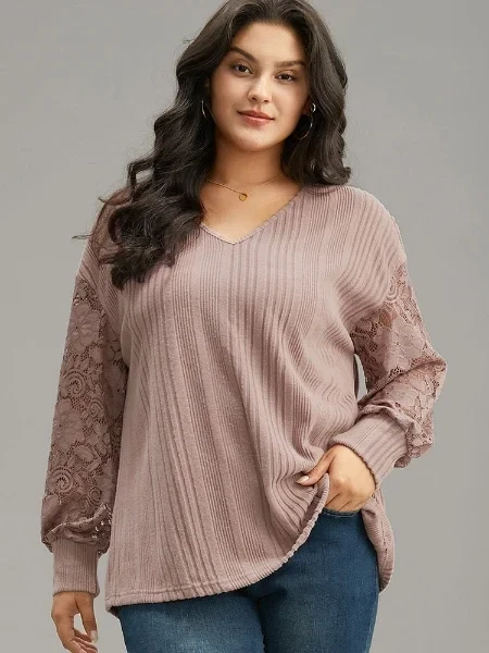 Lace Panel V Neck Lantern Sleeve Sweatshirt - 70% Discount Now!