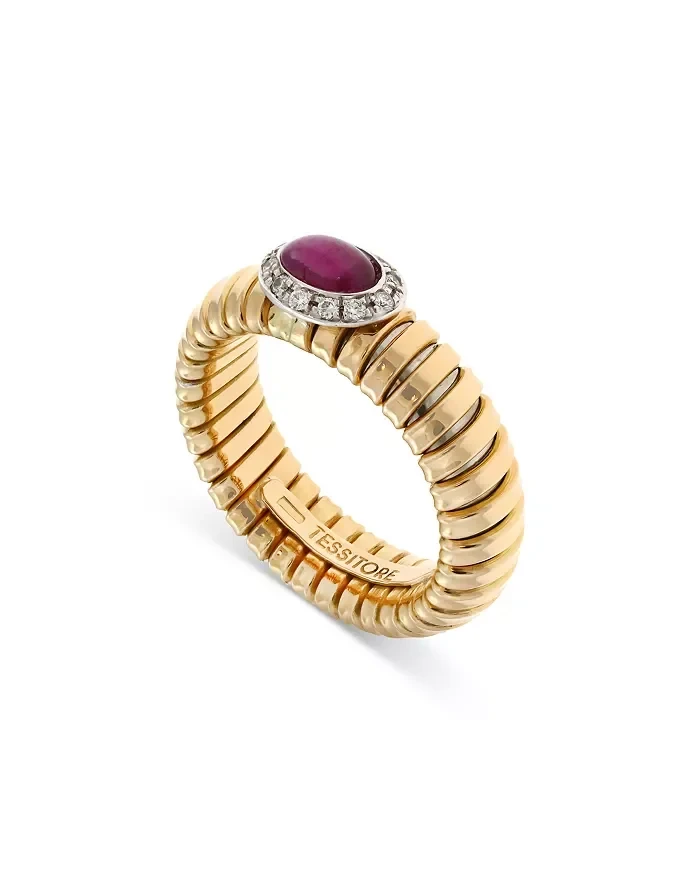 18K Yellow Gold Via Giardino Tubogas Domed Ruby Cabochon & Diamond Ring - Save $40000 Now!