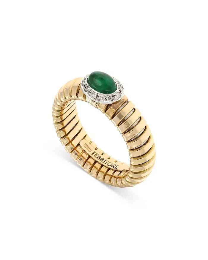 18K Yellow Gold Via Giardino Tubogas Domed Emerald Cabochon & Diamond Ring - 20% Off Limited Time!