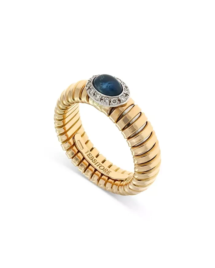 18K Yellow Gold Via Giardino Tubogas Domed Sapphire Cabochon & Diamond Ring - 20% Price Drop!