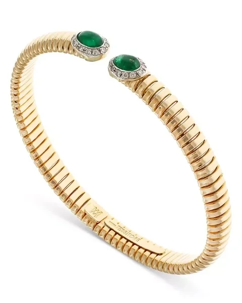 18K Yellow Gold Via Giardino Tubogas Domed Emerald Cabochon & Diamond Bracelet - Now 20% Off!