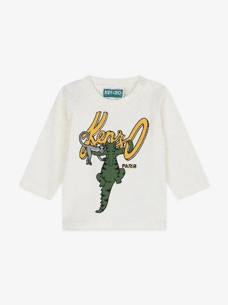 KENZO Baby Boys Long Sleeve Logo T-Shirt in Ivory - 40% Off Limited Time!