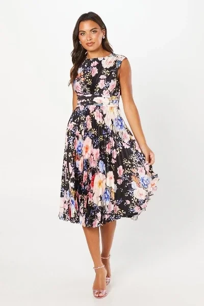 Printed Pleated Satin Midi Wedding Guest Dress - Now 30% Off!