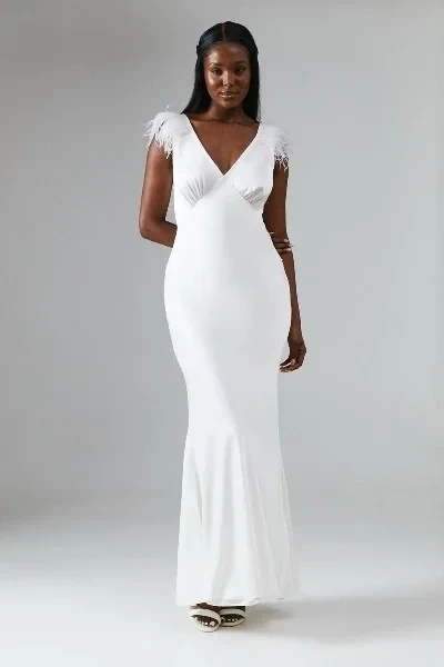Feather Trim V Neck Satin Wedding Dress - 30% Price Drop!