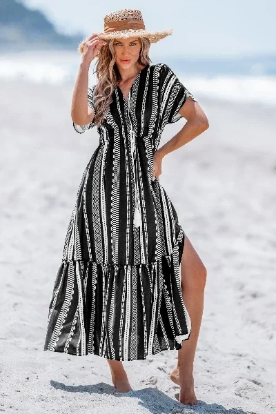 Black Striped Lace Drawstring Tassel Midi Dress - 30% Price Drop!