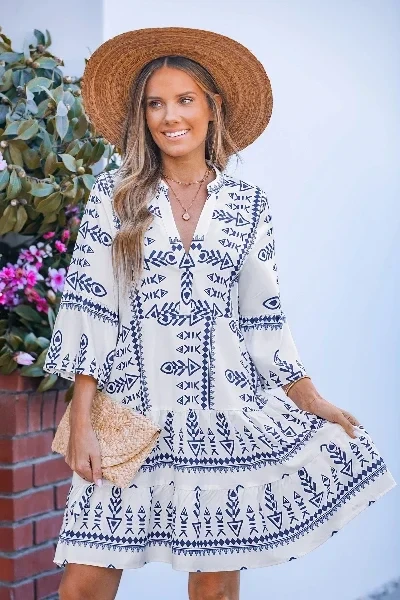 Blue Geo Print Notched Neck Mini Dress - Save 30% Today!