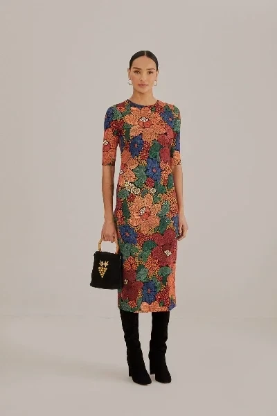 black stitched flowers lenzing™ ecovero™ viscose midi dress