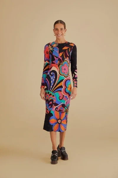black 70s vibe lenzing™ ecovero™ viscose midi dress