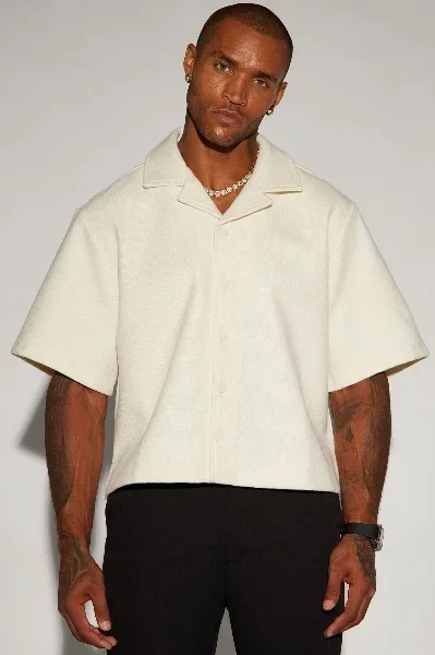 Wilder Textured Weave Cropped Button Up Shirt - Cream - Now 70% Off!