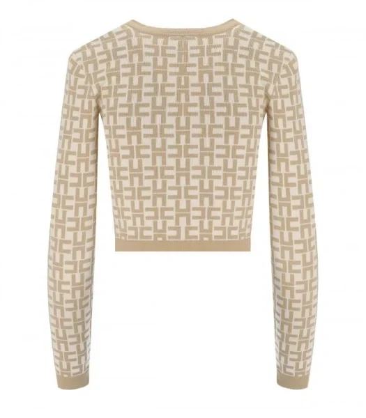 ELISABETTA FRANCHI MONOGRAM BUTTER BEIGE CROPPED KNITTED CARDIGAN - Save $15877 Now!