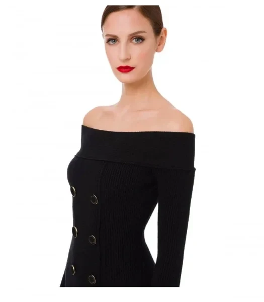 ELISABETTA FRANCHI BLACK KNITTED COAT DRESS - Save $24499 Today!