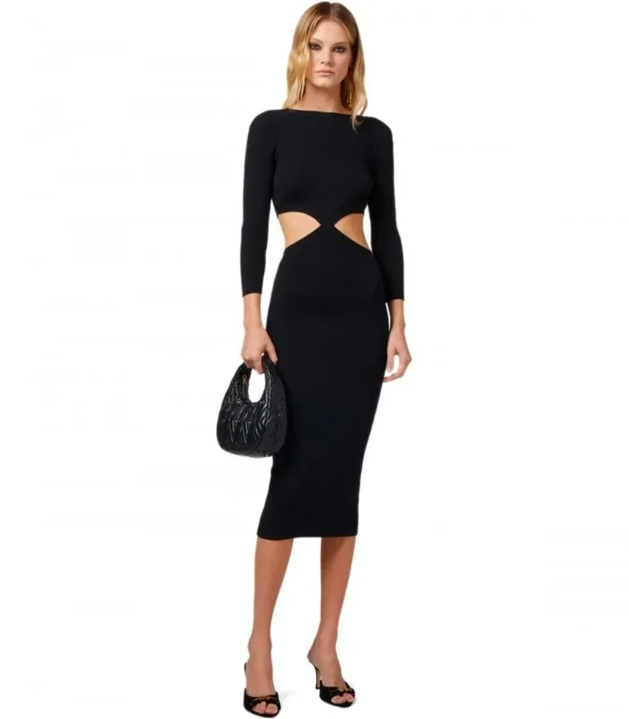 ELISABETTA FRANCHI BLACK CUT-OUT KNITTED DRESS - Now 50% Off!