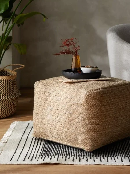 Square Faux Jute Outdoor Pouffe, Natural - Save 20% Today!